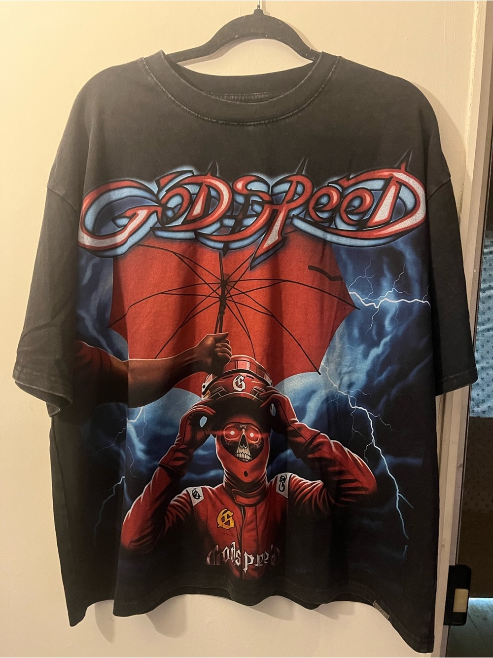 Godspeed Black Graphic Tee with Red & Blue Print